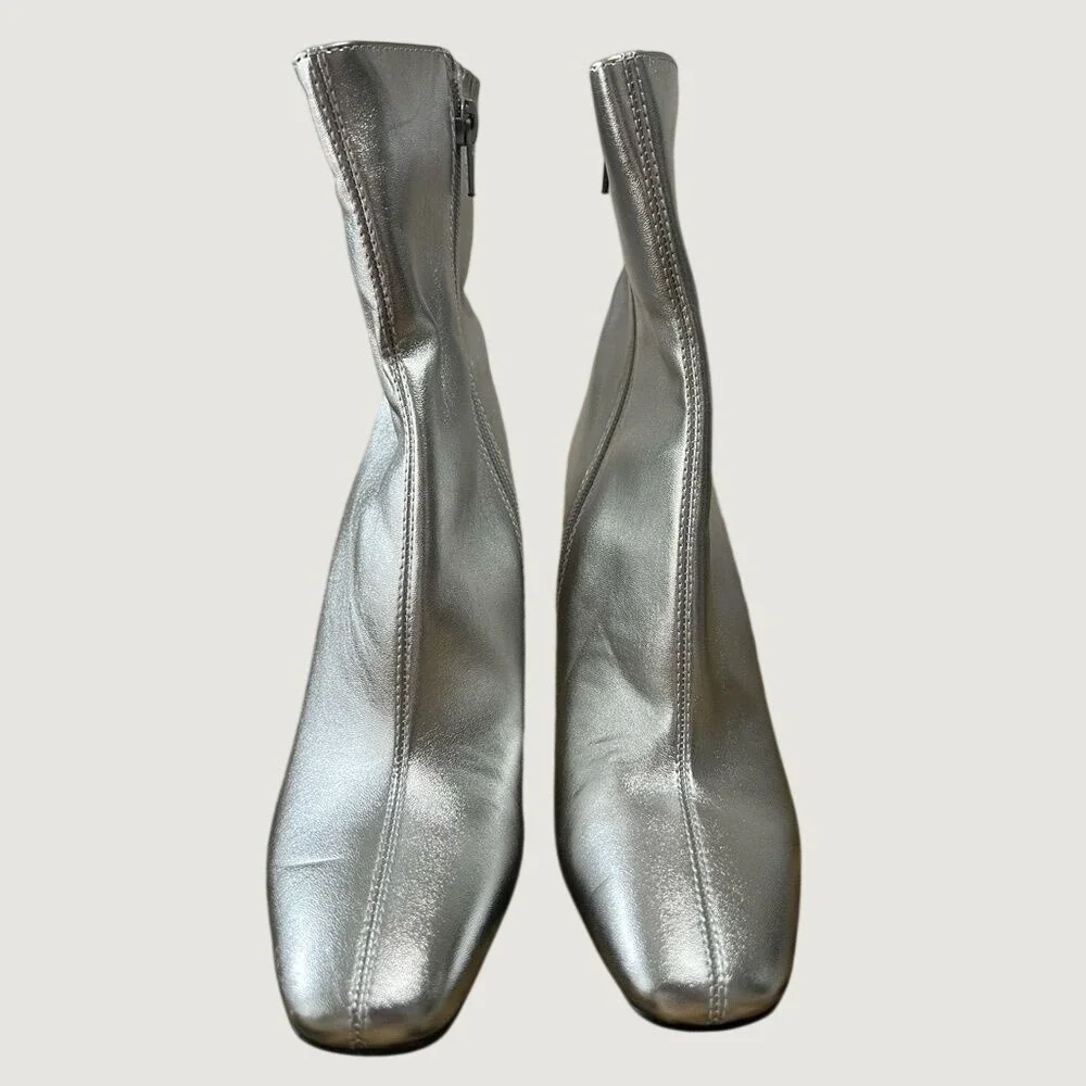 Open Edit Silver Metallic‎ Square Toe Flared Kitten Heel Ankle Boots Womens 5M